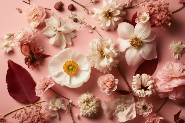 Un fondo rosa con flores y una flor roja.