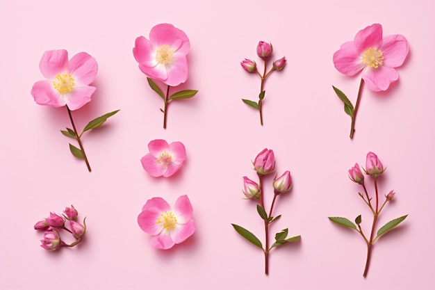 un fondo rosa con flores y hojas rosas