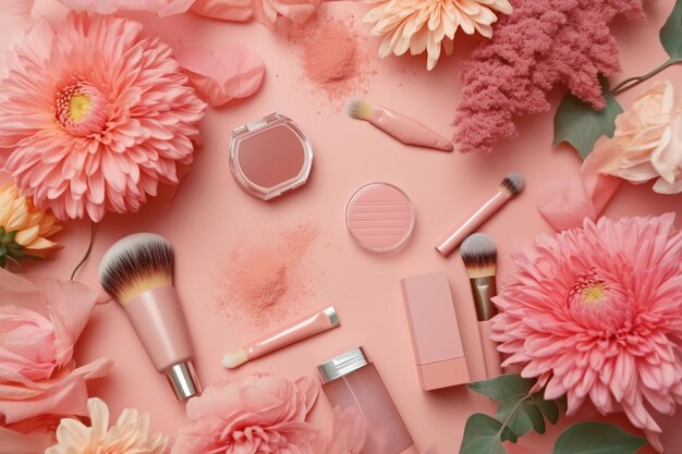 Un fondo rosa con flores y productos de maquillaje.