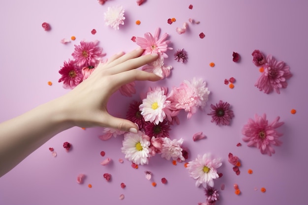 Un fondo rosa con flores rosas y una mano sosteniendo una flor.