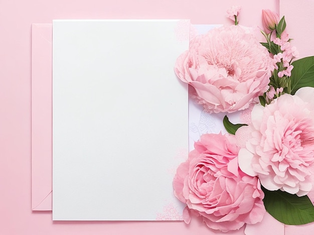 Un fondo rosa con flores y una tarjeta blanca.