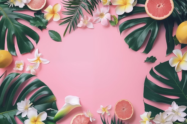 Fondo rosa con frutas y flores tropicales y espacio para el texto