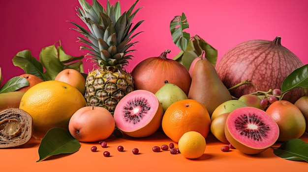 Fondo rosa con frutas tropicales