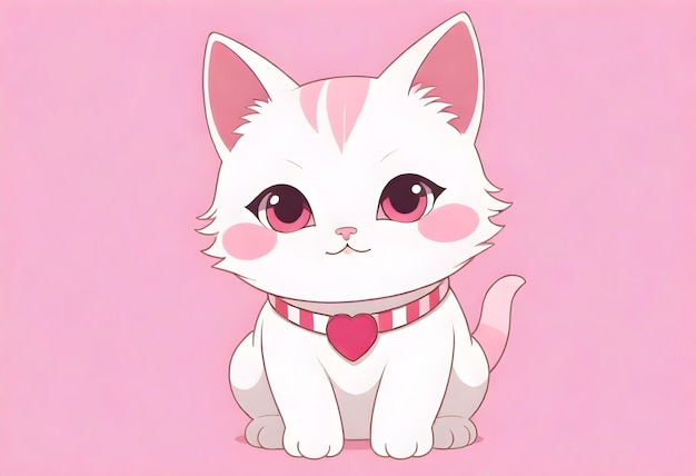 un fondo rosa con un gato blanco con un corazón en él