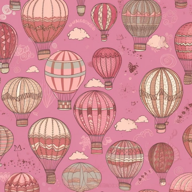 Un fondo rosa con globos aerostáticos.