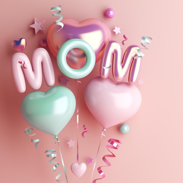 Foto un fondo rosa con globos y un corazón que dice mamá.
