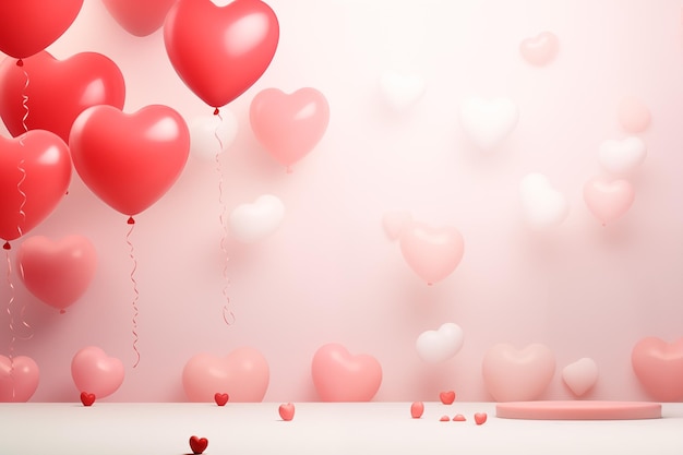 Un fondo rosa con globos en forma de corazón y espacio de texto