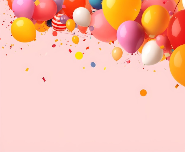 un fondo rosa con globos y globos volando en el aire