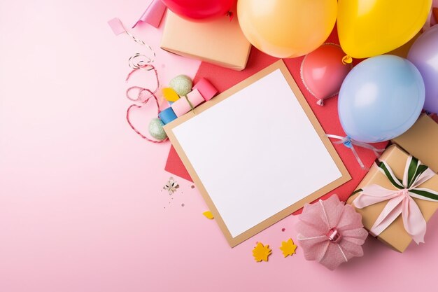 Un fondo rosa con globos y una tarjeta que dice feliz cumpleaños.