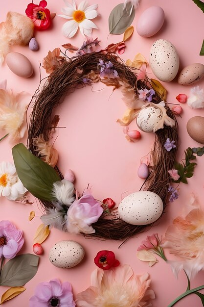 Un fondo rosa con huevos de pascua y flores.