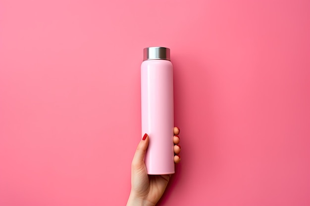 Fondo rosa con mano femenina sosteniendo una botella de cosméticos y copiando espacio para su diseño