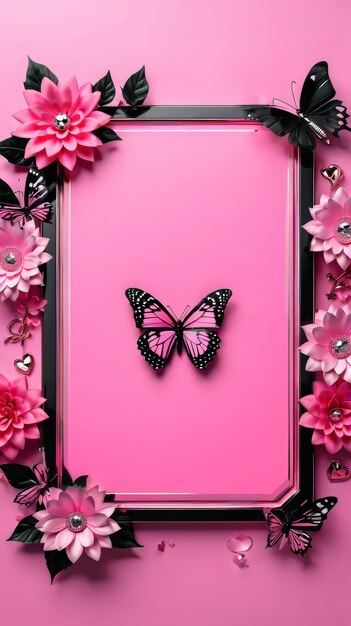 Foto fondo rosa con mariposa y flores