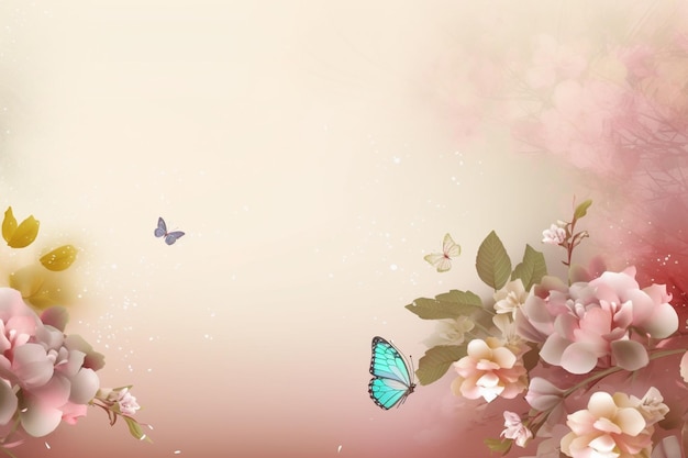 Un fondo rosa con mariposas y flores con un fondo rosa.