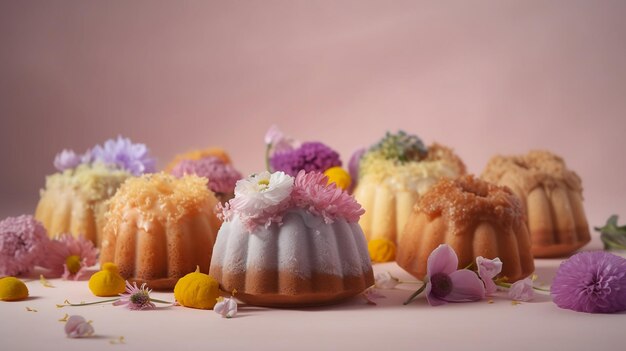 Un fondo rosa con mini pasteles de boda y hermosas flores.