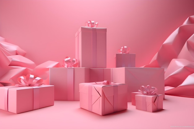 Un fondo rosa con un montón de regalos.