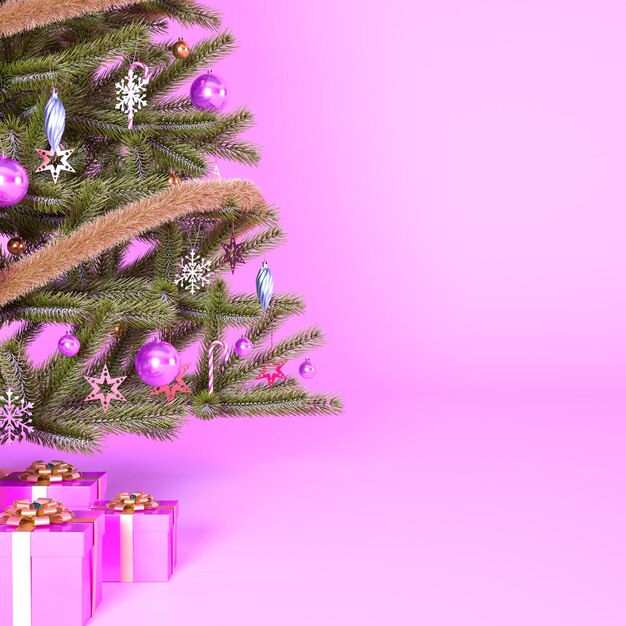 Fondo rosa de Navidad con cajas de regalo de color rosa de árbol de Navidad y espacio de copia d render