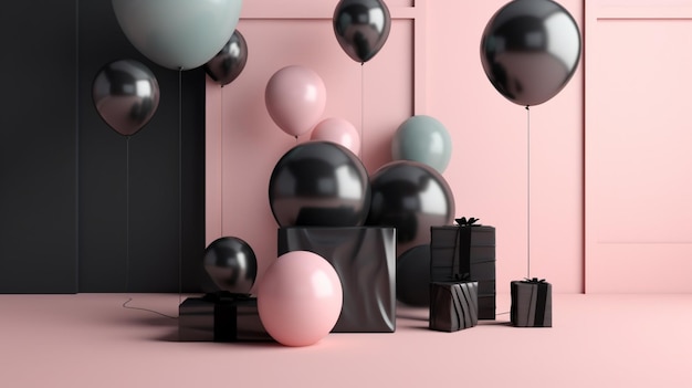 Un fondo rosa y negro con una caja y globos.