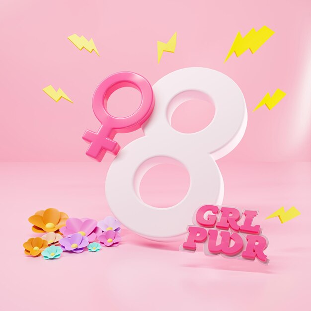 Un fondo rosa con un número 8 y un símbolo de mujer 3D Render