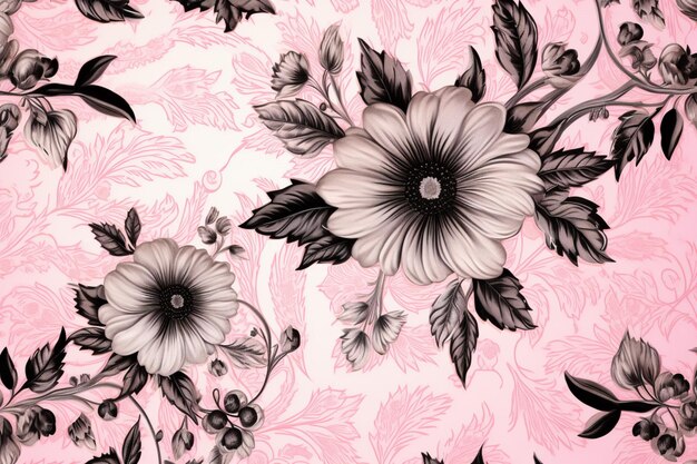 Un fondo rosa pálido con motivos florales negros.