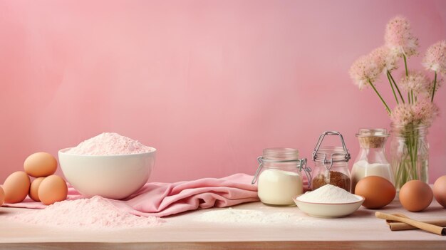 Un fondo rosa pastel brillante con ingredientes para hornear en casa