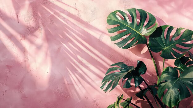 Foto fondo rosa pastel con delicadas hojas de palma y monstera