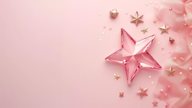 Fondo rosa pastel con estrellas brillantes y elementos decorativos
