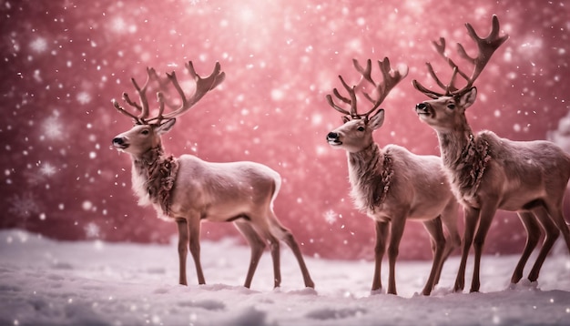 fondo rosa con un patrón de renos y copos de nieve