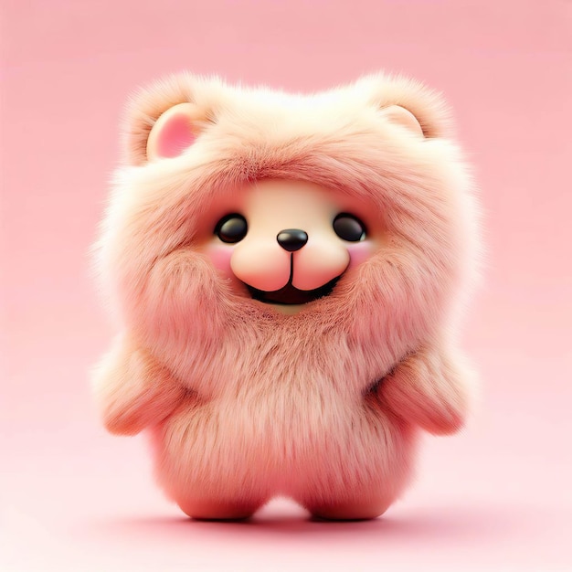 Un fondo rosa con un perro esponjoso.