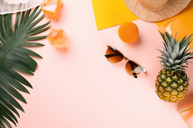 Un fondo rosa con una piña, un sombrero, gafas de sol y una palmera.