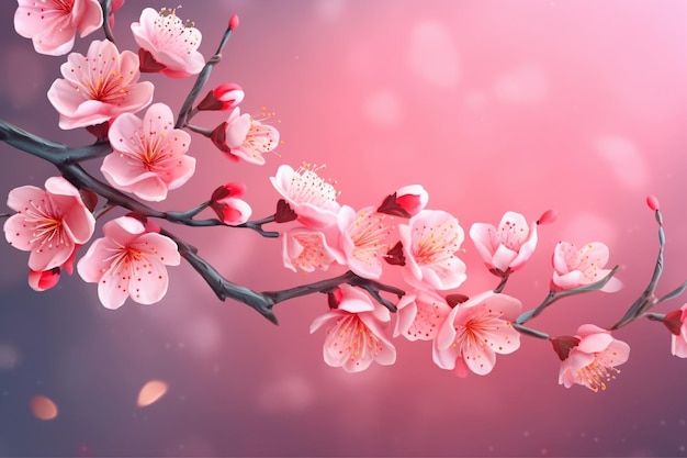 Un fondo rosa con una rama de flores de cerezo