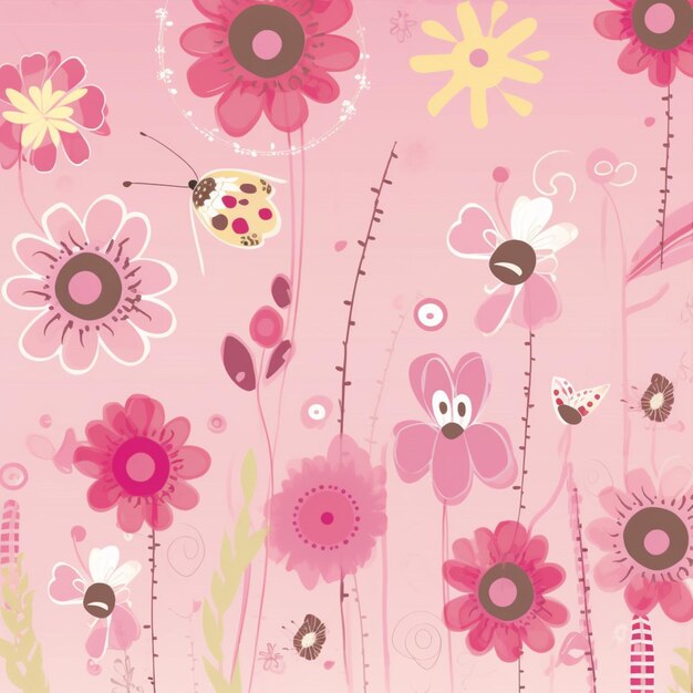Foto un fondo rosa con un ramo de flores y una mariquita.