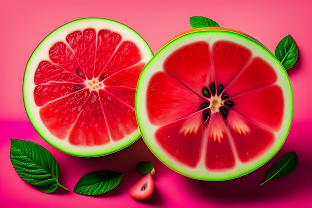 Un fondo rosa con una rodaja de pomelo.