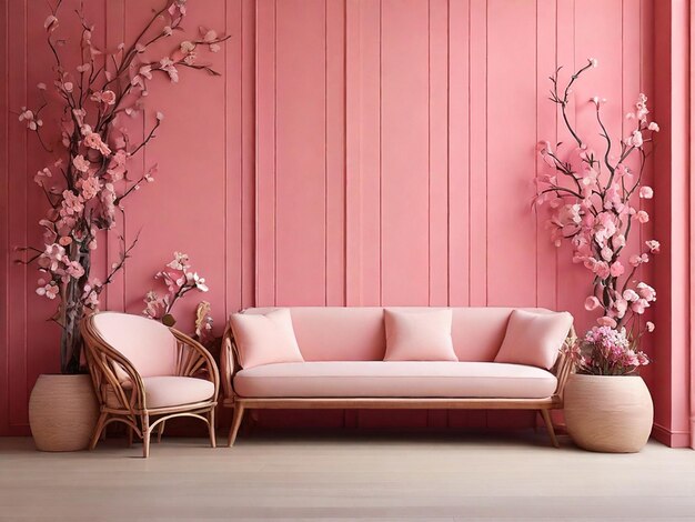 Foto fondo rosa sofá decoración almohadas y flores