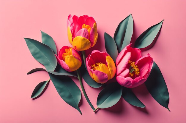 Un fondo rosa con tres tulipanes.