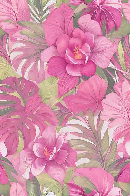 Fondo rosa tropical abstracto con plantas brillantes y hojas generativas A