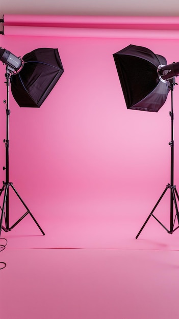 Un fondo rosa vacío en un estudio fotográfico moderno con equipos de iluminación y una cámara