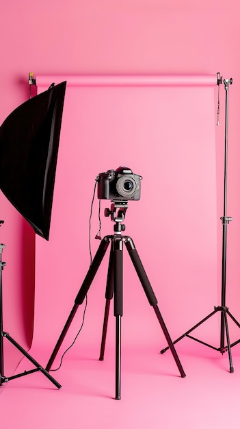 Foto un fondo rosa vacío en un estudio fotográfico moderno con equipos de iluminación y una cámara