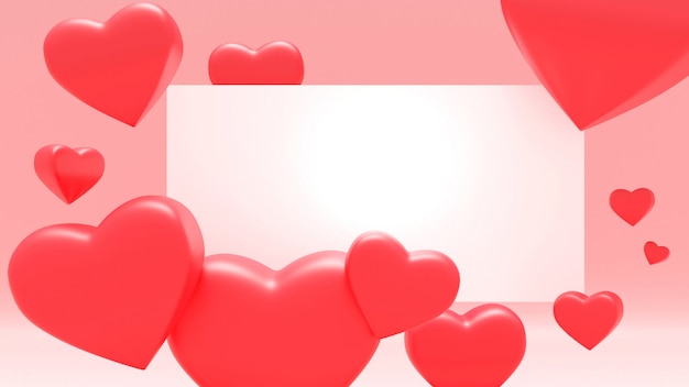 Fondo rosa valentin con corazones de color rojo. Tarjeta de felicitación de vacaciones, póster, ilustración vectorial de banner - representación 3D