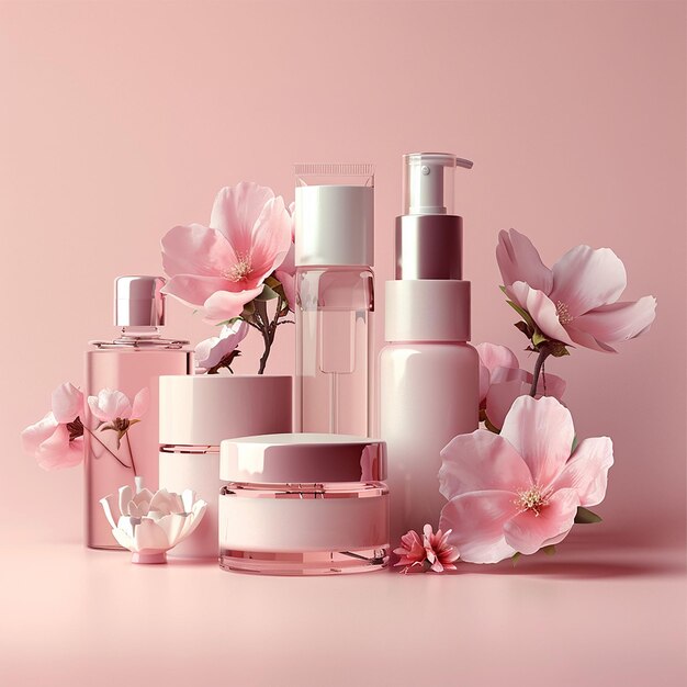 un fondo rosa con varias botellas de perfumes y flores