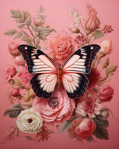 Fondo rosado con una imagen de mariposa