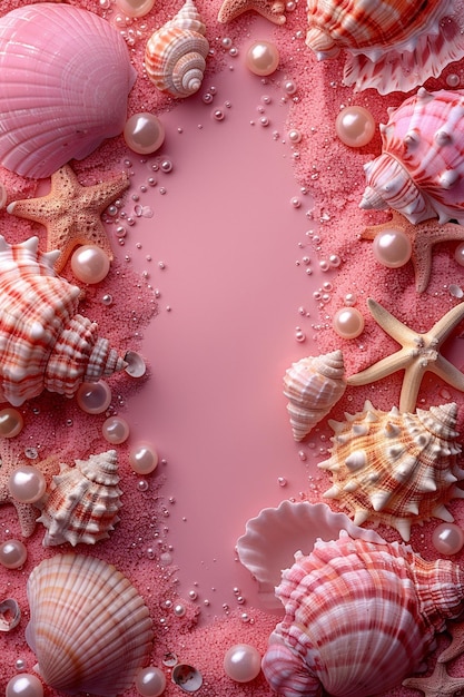Foto un fondo rosado romántico con conchas marinas