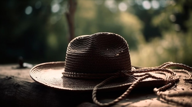 Fondo rural con sombrero de vaquero de cerca y cuerda Fondo rústico al aire libre con caballo borroso IA generativa