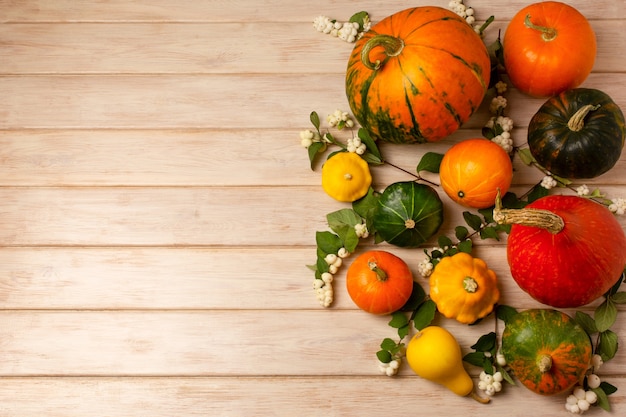 Fondo rústico de otoño de acción de gracias con calabaza amarilla y verde hojas de snowberry