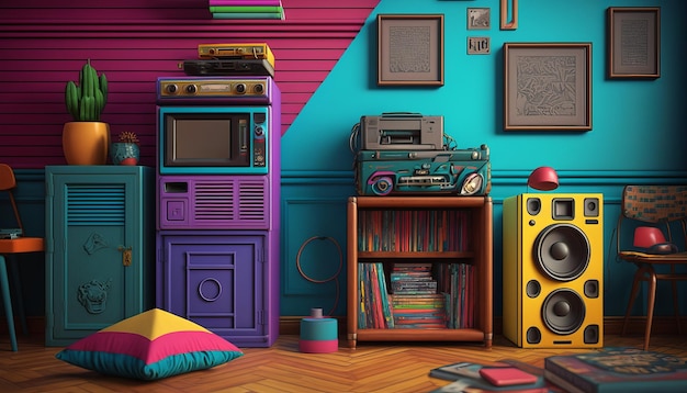 Foto fondo de sala de diseño retro detallado estilo años 90 ai