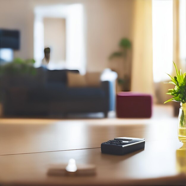 Fondo de una sala de estar luminosa y una llave colocada en el medio de la mesa