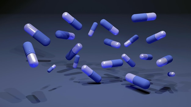 Foto fondo de salud médica de cápsulas flotantes 3d pastillas azules