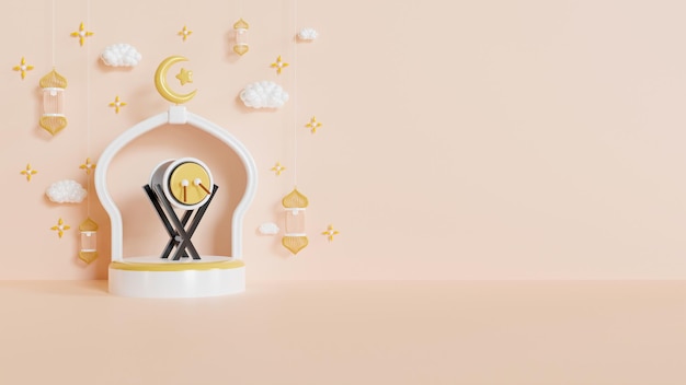 Fondo de saludo islámico de ramadan kareem con estrella de linterna de luna creciente y podio