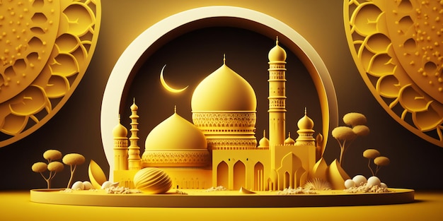 Fondo de saludo islámico de Ramadán con lindos adornos de mezquita 3D y media luna islámica