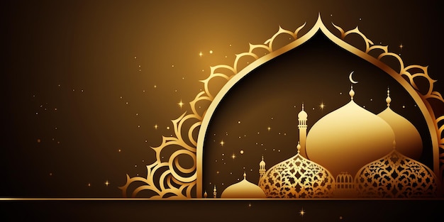 Fondo de saludo de ramadán kareem con mezquita y marco dorado adornado