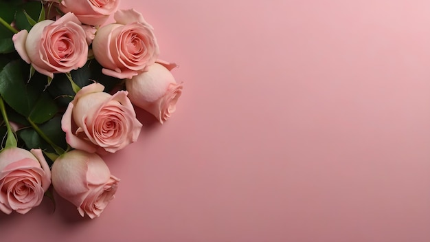 Fondo de saludo con rosas rosadas frescas flores en un fondo rosado